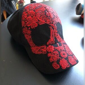 Embroidered Skull Black and Red Women's Hat